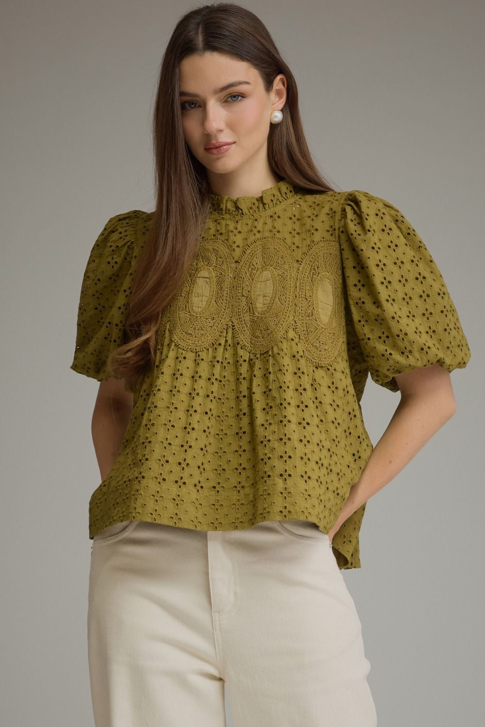 Jackie Eyelet Top in Olive Green