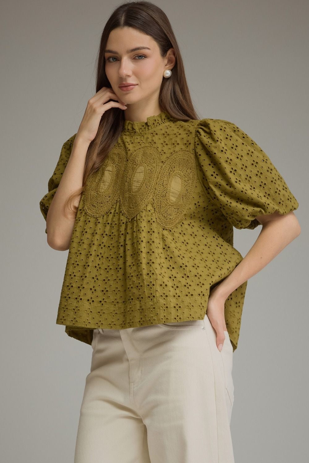 Jackie Eyelet Top in Olive Green