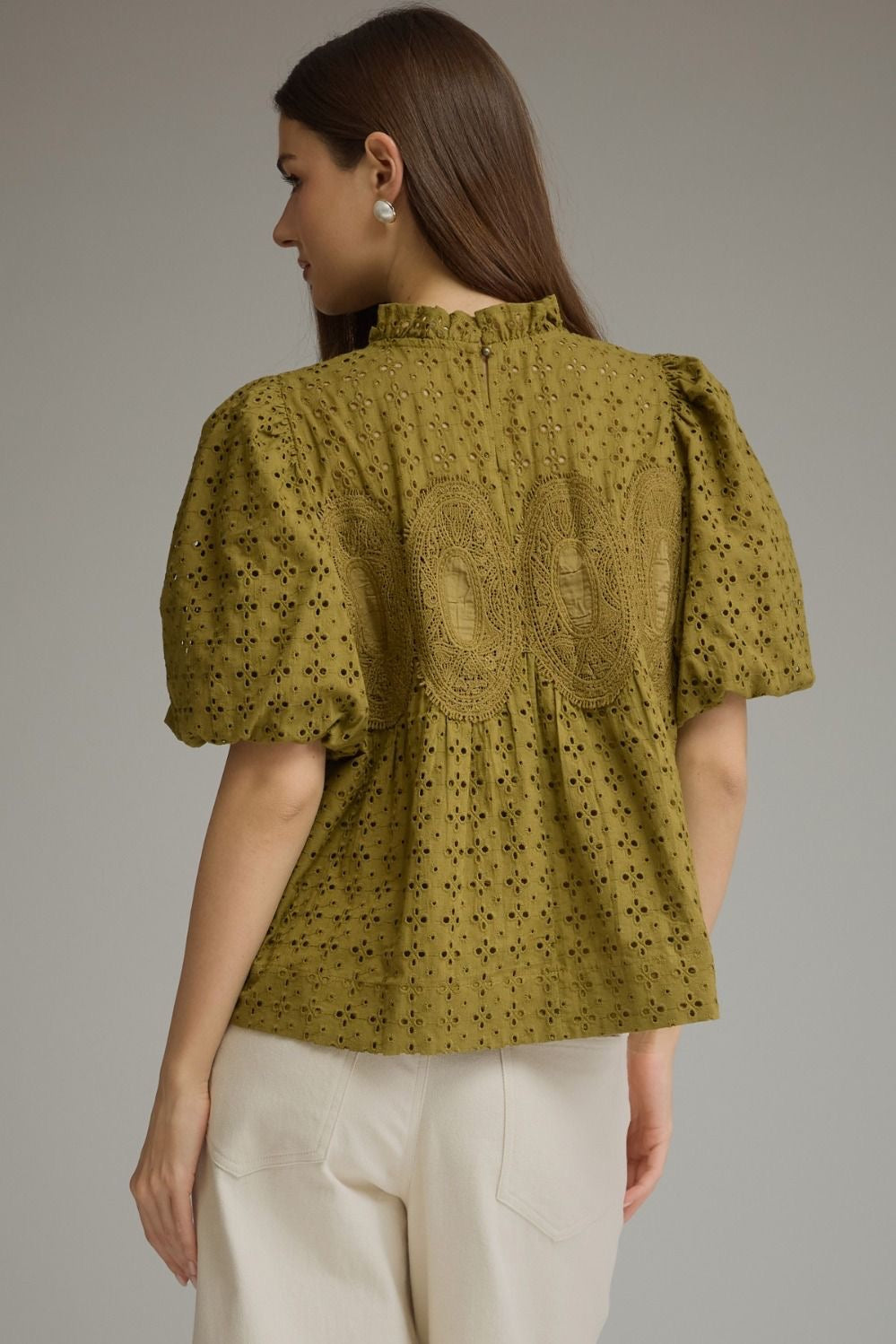 Jackie Eyelet Top in Olive Green