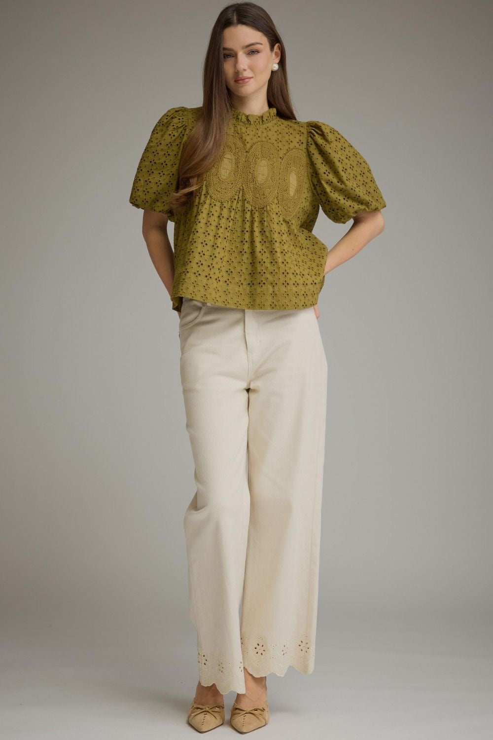 Jackie Eyelet Top in Olive Green