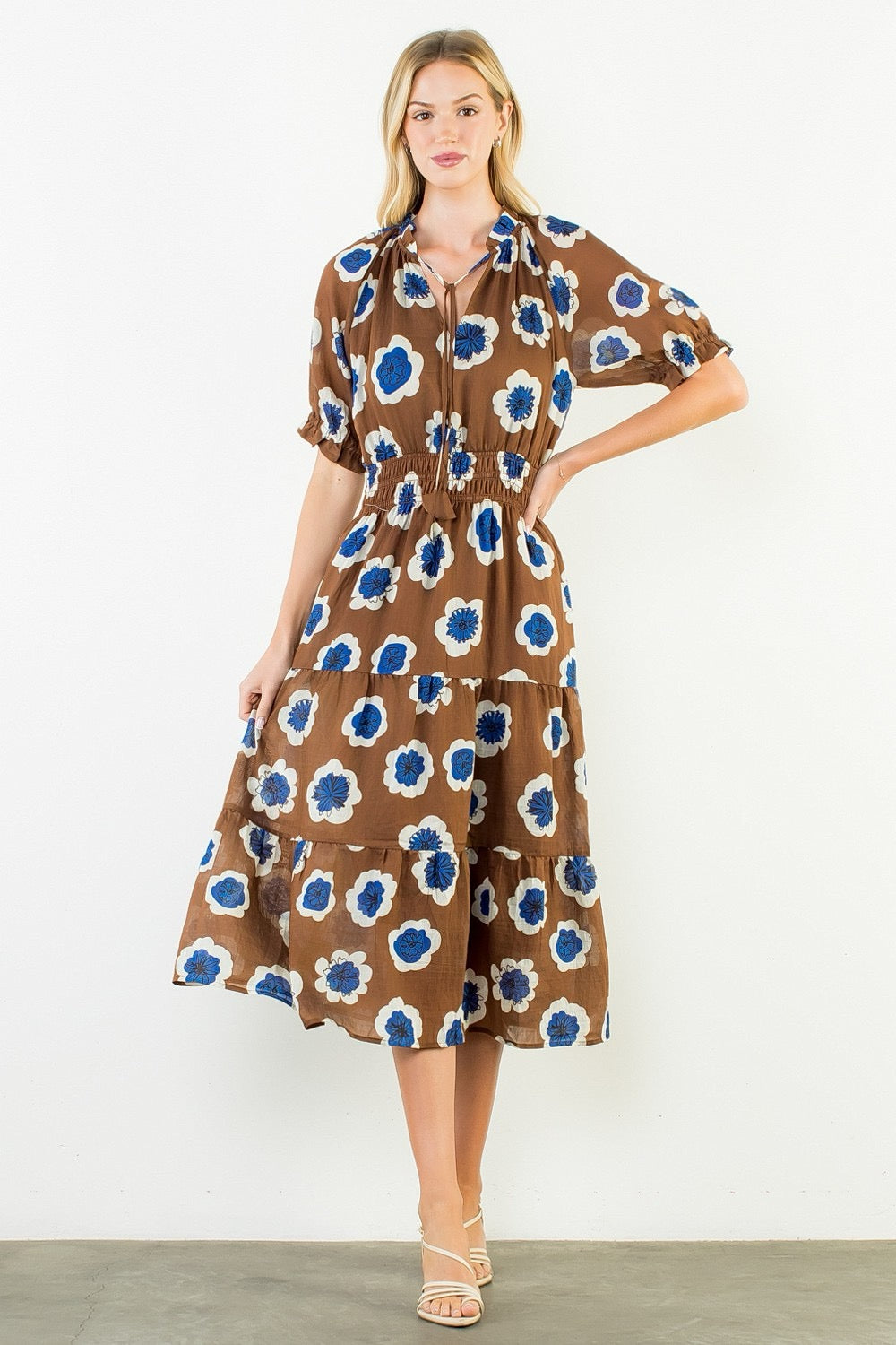 Cinched Flower Print Dress THML - Brown