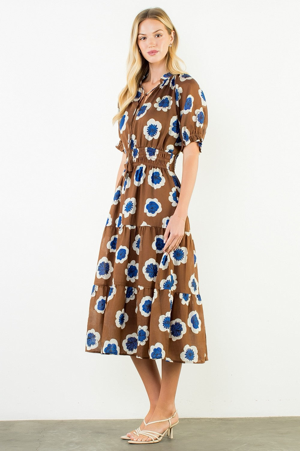 Cinched Flower Print Dress THML - Brown