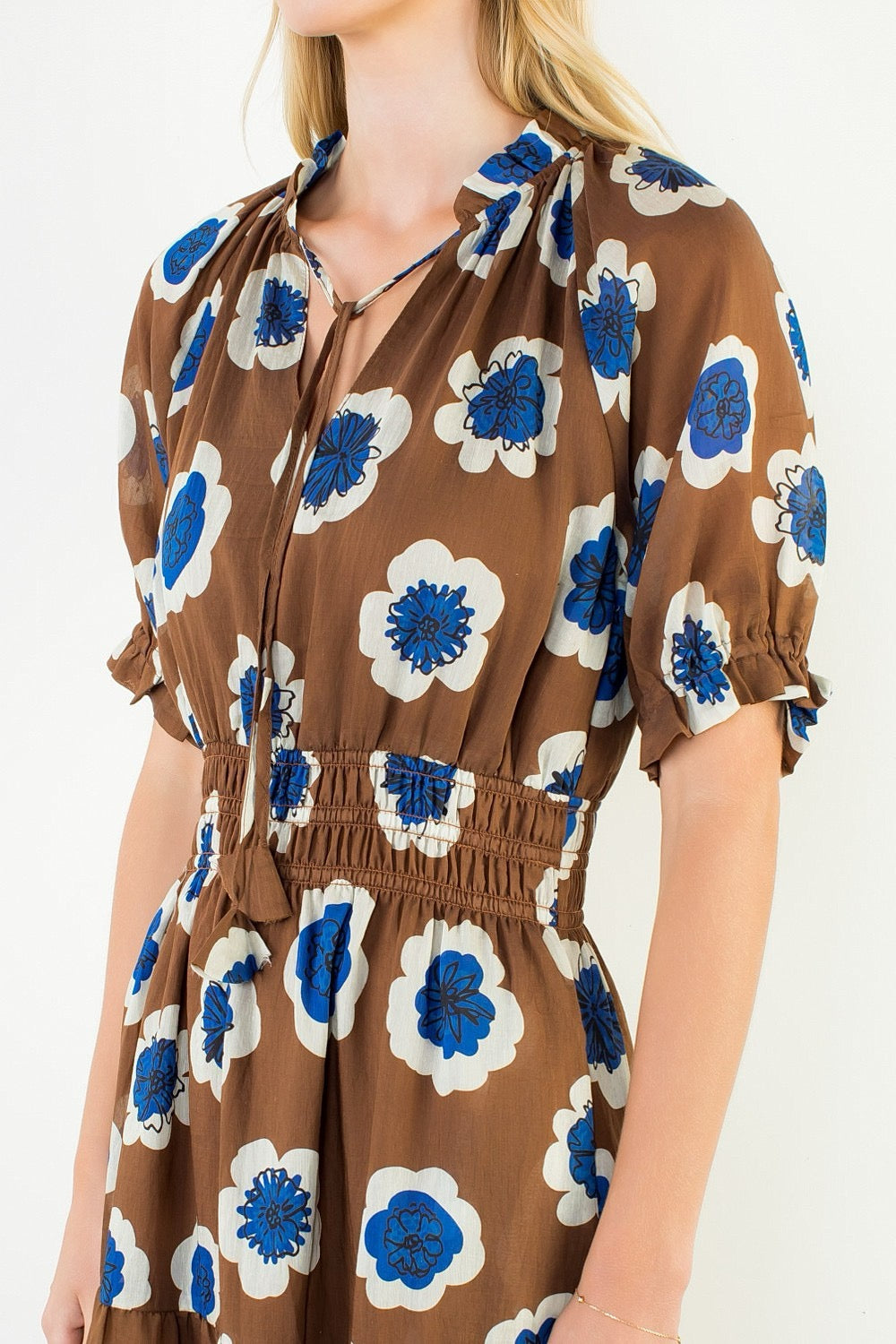 Cinched Flower Print Dress THML - Brown