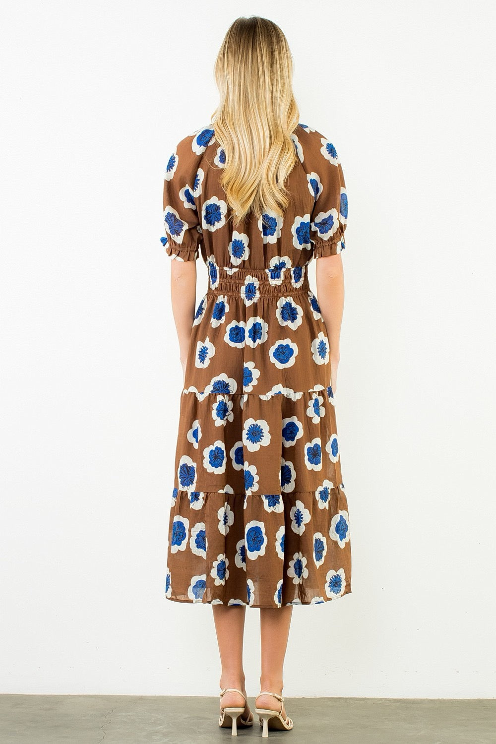 Cinched Flower Print Dress THML - Brown