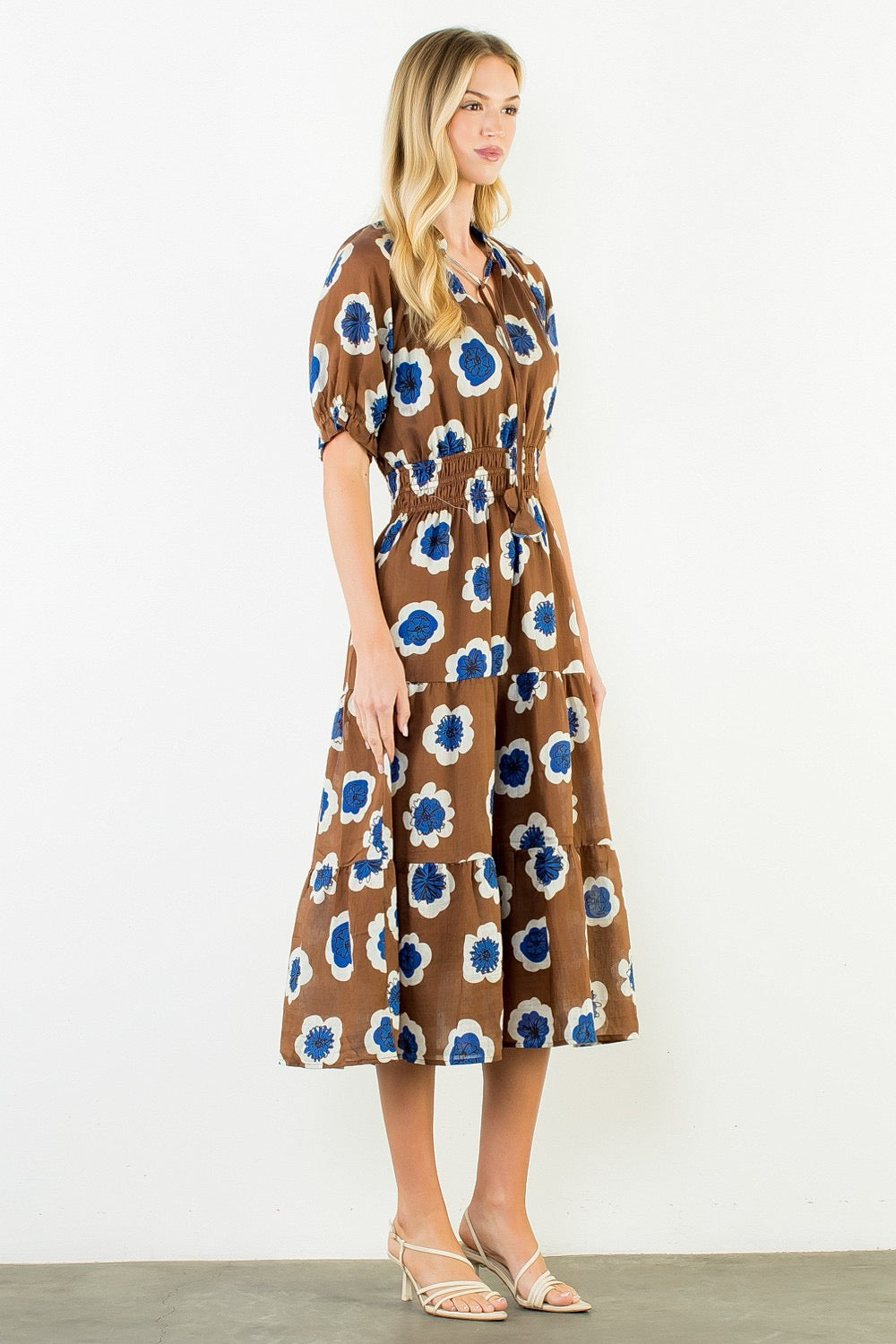Cinched Flower Print Dress THML - Brown