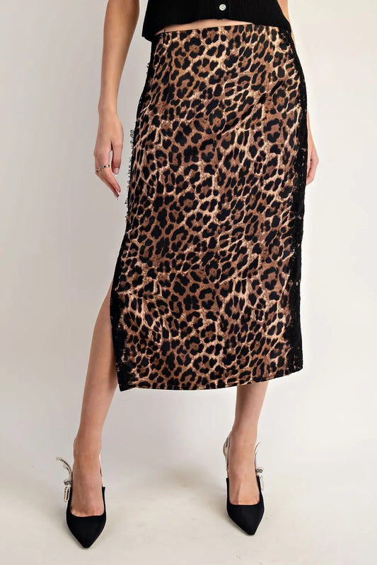 Leopard Lace Trim Maxi Skirt