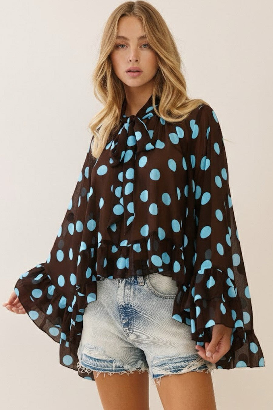 Polka Dot Sheer Chiffon Ruffle Blouse -Brown with Blue Dots