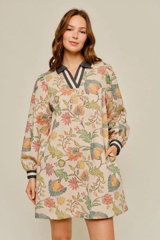 Oatmeal Floral Long Sleeve Mini Dress
