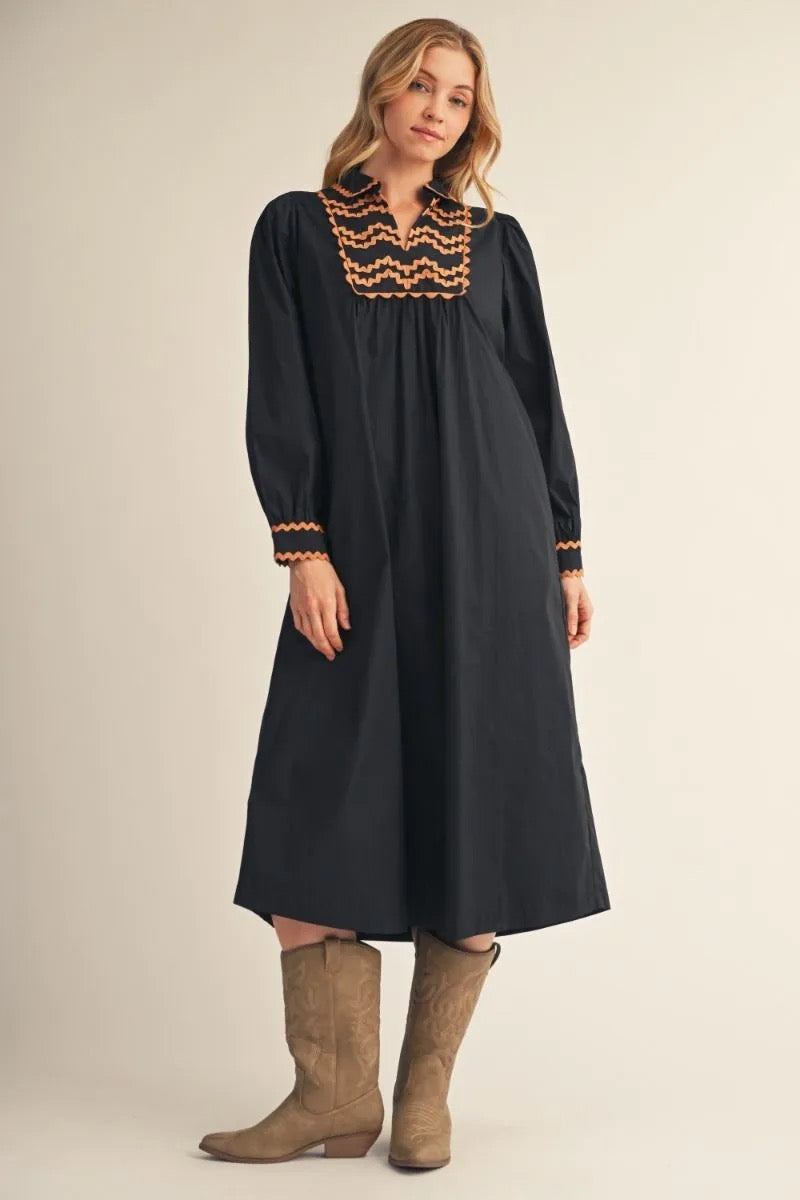 Sloan Black Dress with Brown Trim