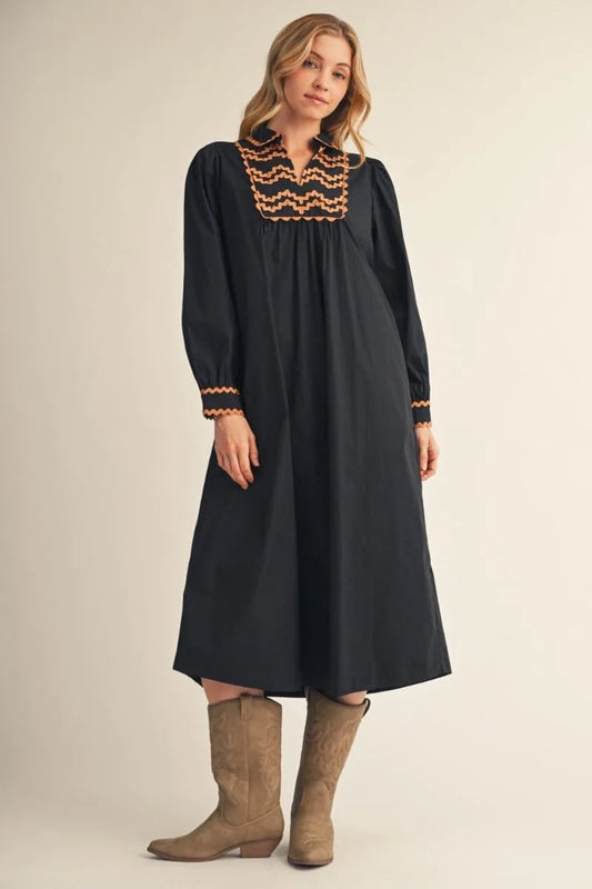 Sloan Black Dress with Brown Trim