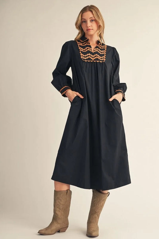 Sloan Black Dress with Brown Trim
