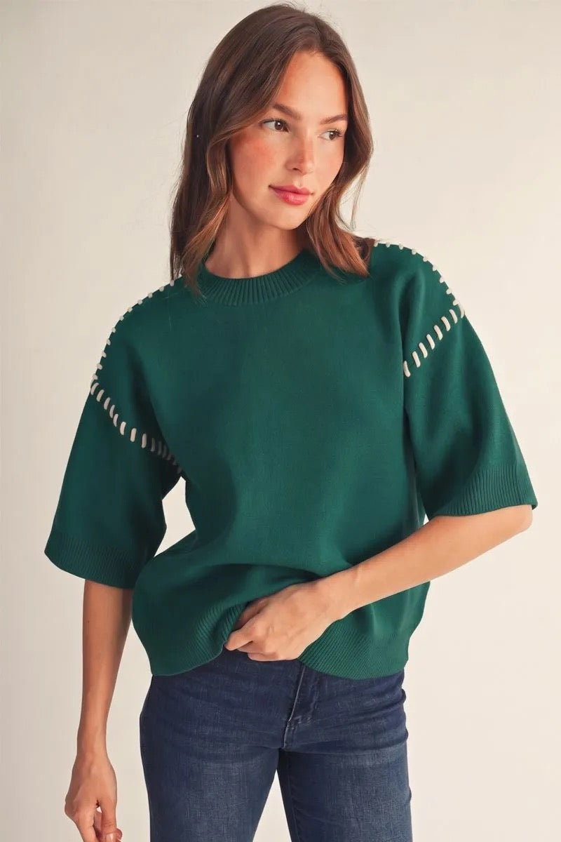 Green Sweater with Shoulder Stitch Accent