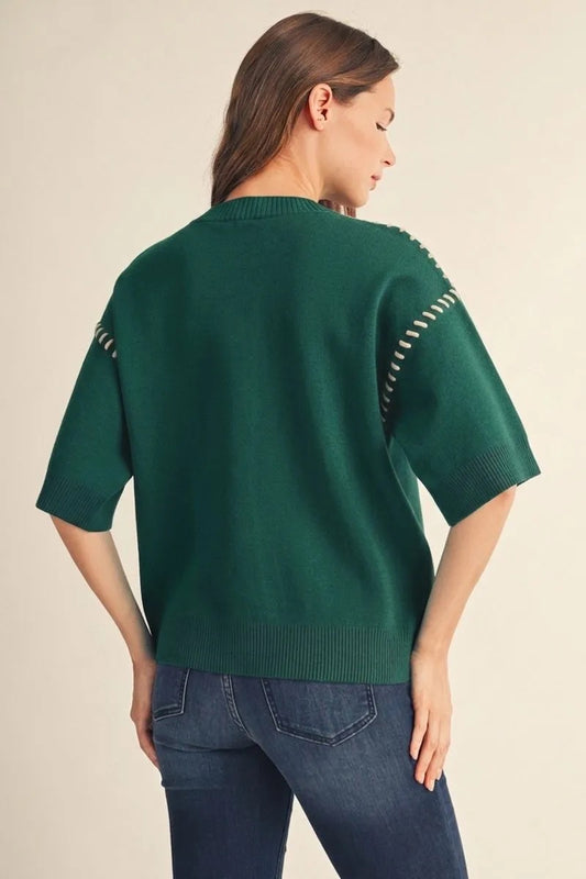 Green Sweater with Shoulder Stitch Accent