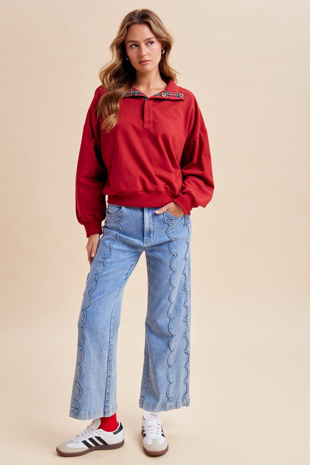 Scalloped Embroidery Wide Leg Denim Comfort Stretch Jean