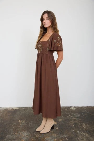 Embroidery Detail Bell Sleeve Midi Dress