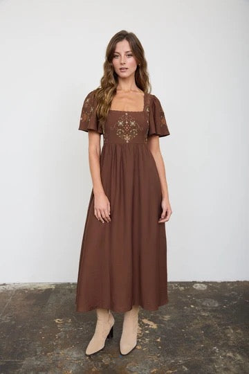 Embroidery Detail Bell Sleeve Midi Dress