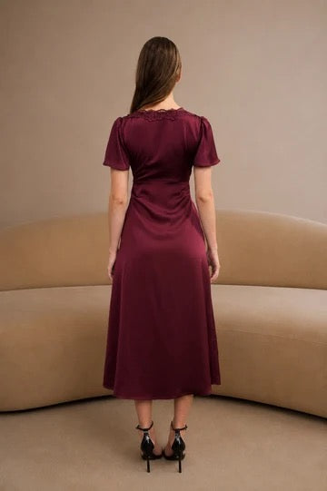 Lace Trim Puff Bell Sleeve Bow Tie Midi Dress -Burgundy