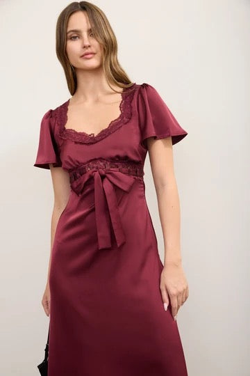 Lace Trim Puff Bell Sleeve Bow Tie Midi Dress -Burgundy