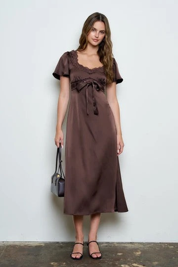 Lace Trim Puff Bell Sleeve Bow Tie Midi Dress -Brown