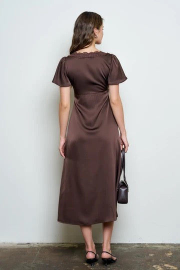 Lace Trim Puff Bell Sleeve Bow Tie Midi Dress -Brown