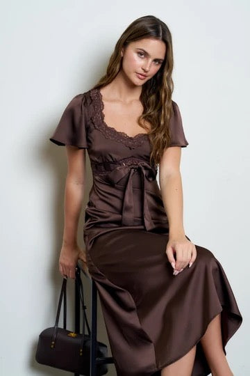 Lace Trim Puff Bell Sleeve Bow Tie Midi Dress -Brown