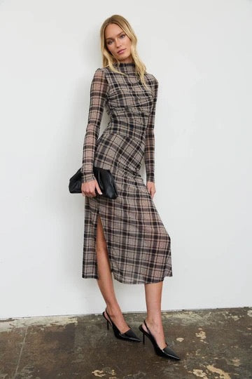 Plaid Mesh Ruched High Neck Long Sleeve Midi Dress- Brown