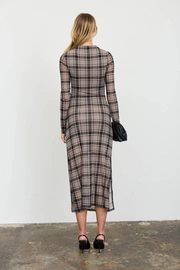 Plaid Mesh Ruched High Neck Long Sleeve Midi Dress- Brown