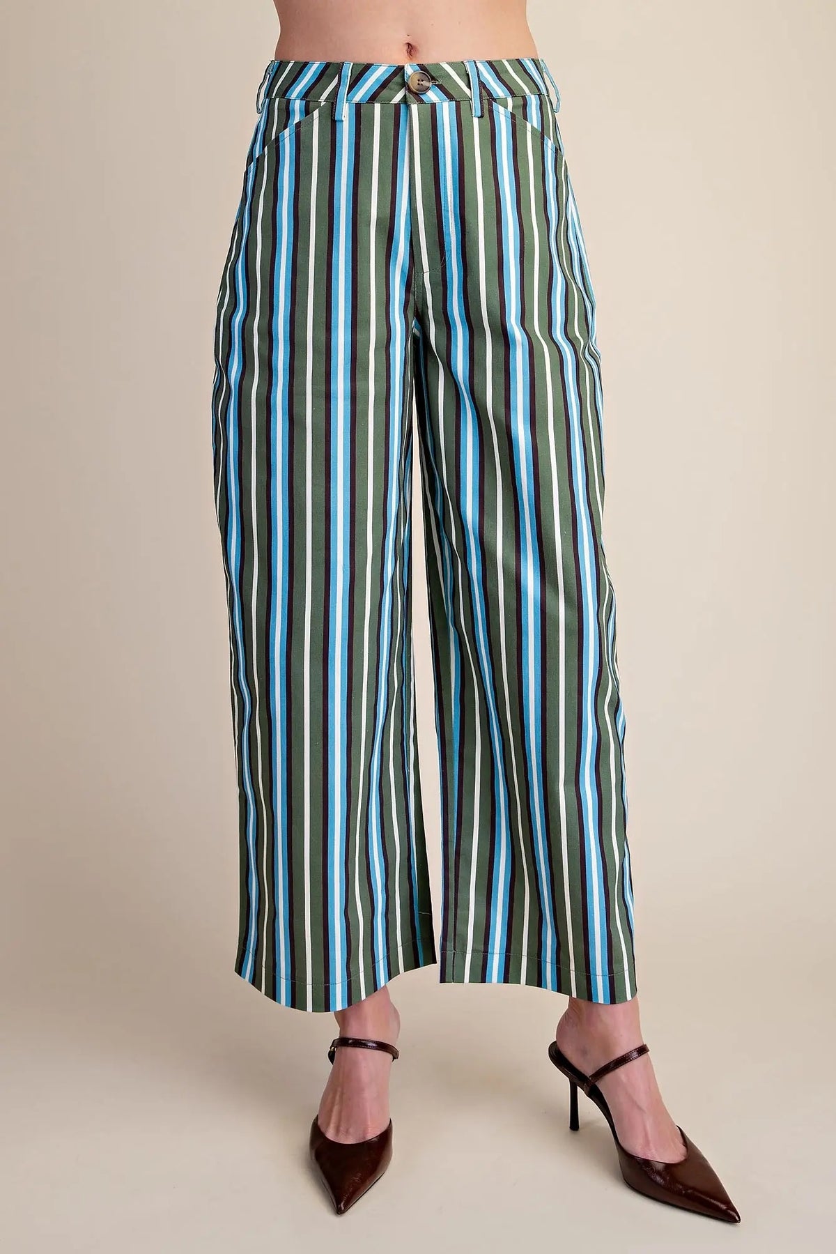 Barrel Leg Stripe Casual High Waist Pants - Green/Blue