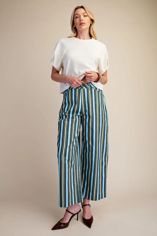 Barrel Leg Stripe Casual High Waist Pants - Green/Blue