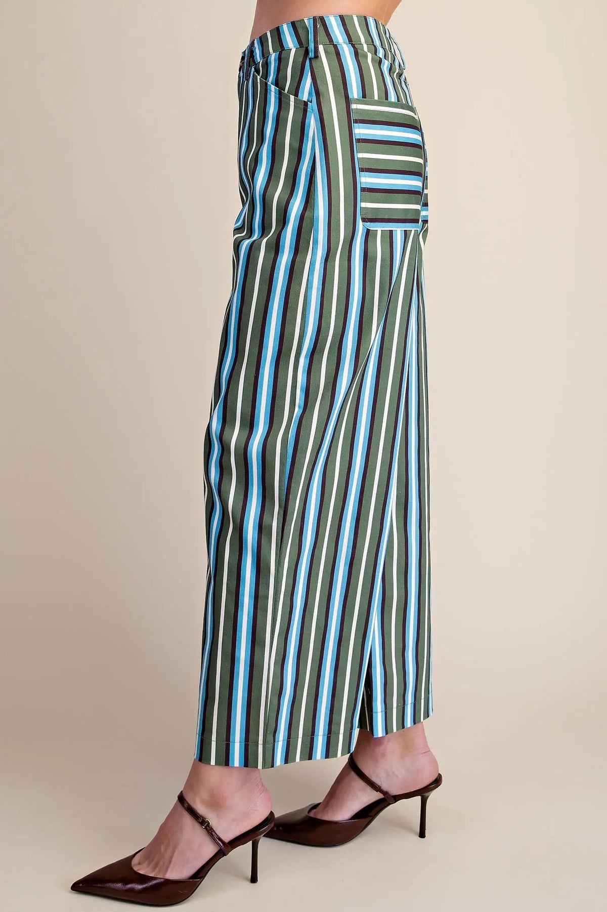 Barrel Leg Stripe Casual High Waist Pants - Green/Blue