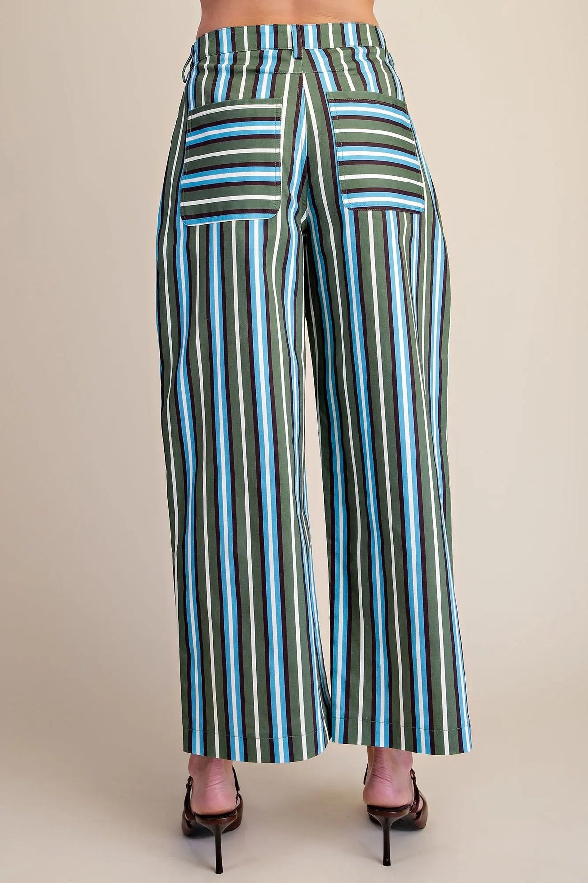 Barrel Leg Stripe Casual High Waist Pants - Green/Blue