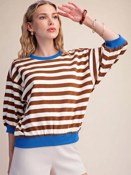 Stripe Sweatshirt Round Neck Bubble Sleeve - Brown Stripe