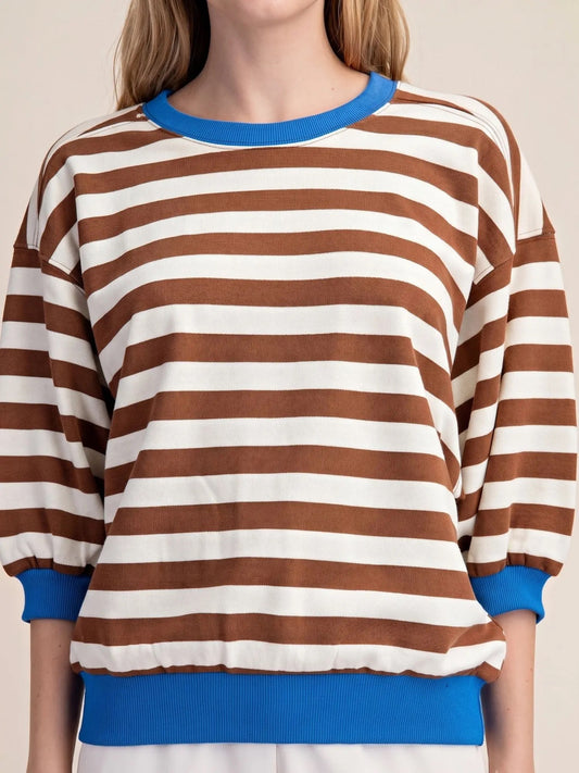 Stripe Sweatshirt Round Neck Bubble Sleeve - Brown Stripe