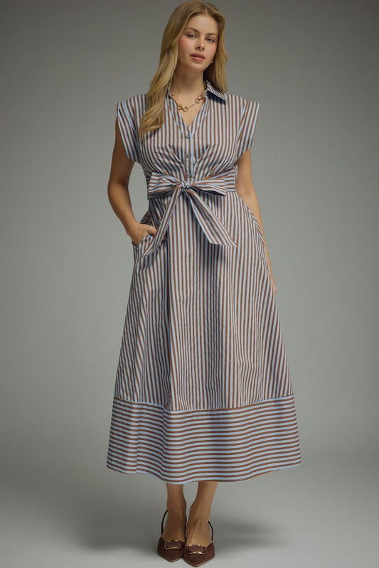 ENTRO Striped Belted Cap Sleeve Dress -Brown & Blue