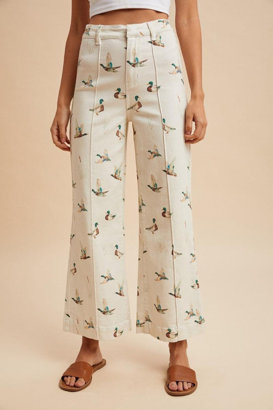 Mallard Printed Stretch Denim Wide Leg Jeans