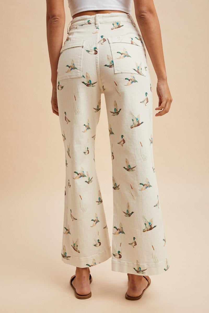 Mallard Printed Stretch Denim Wide Leg Jeans
