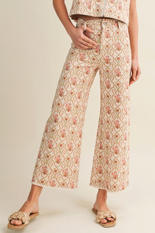 VICTORIAN ROSE GARDEN JACQUARD WIDE LEG PANTS