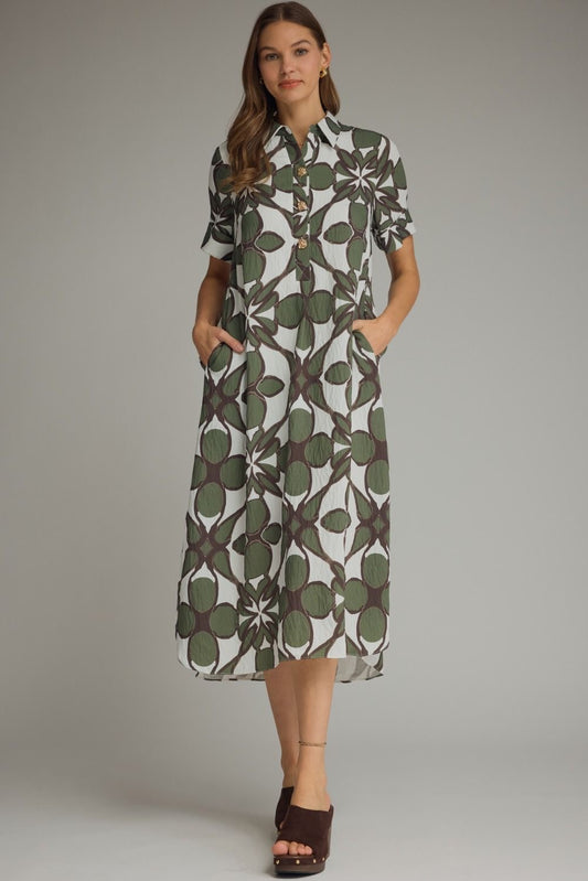 Olive Flowers on Off White Short Sleeve Midi Dress