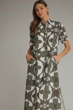 Olive Flowers on Off White Short Sleeve Midi Dress
