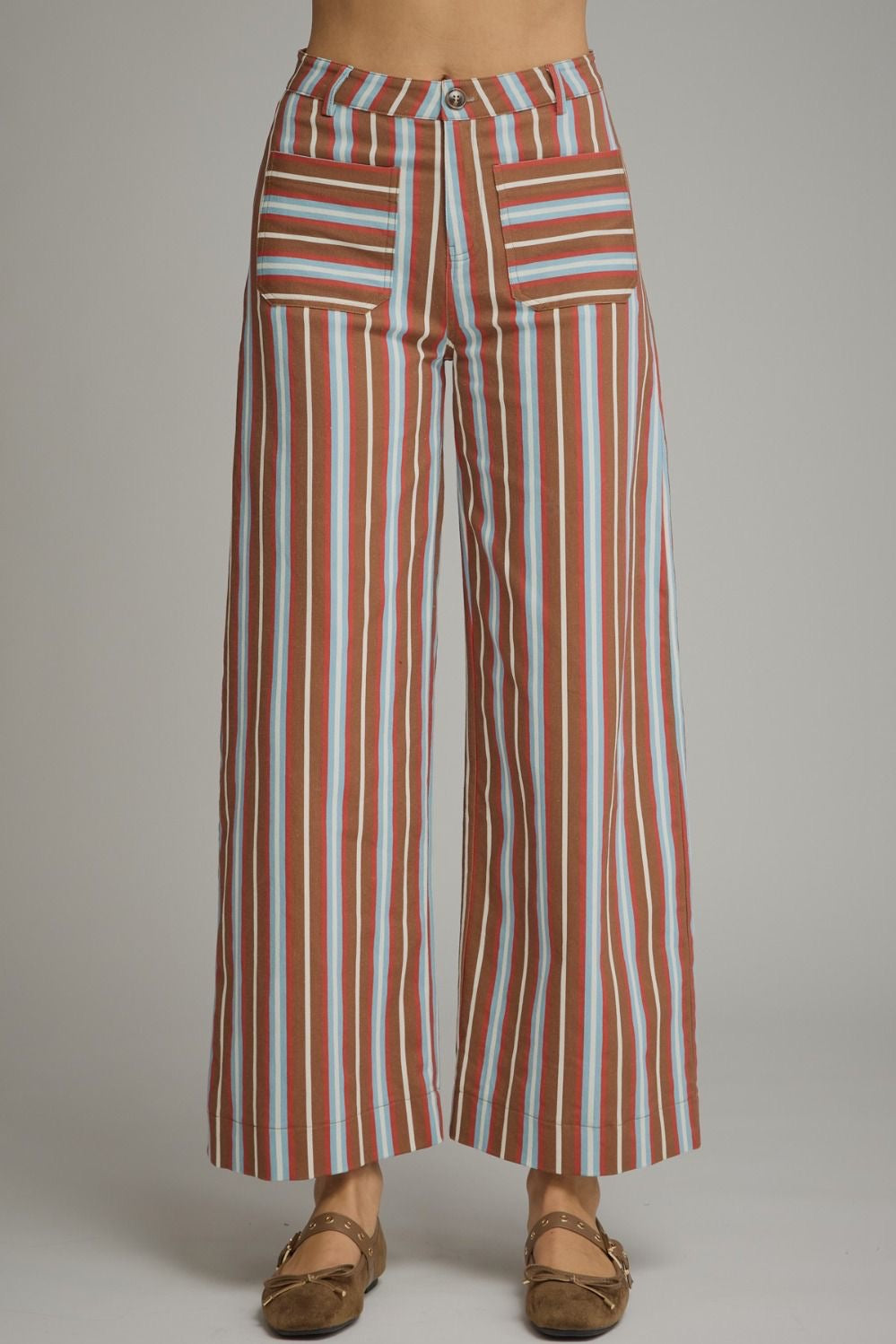 Entro Multi Color Stripe High Waist Pants - Brown/Blue