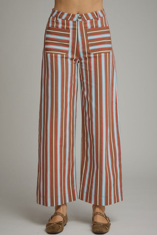Entro Multi Color Stripe High Waist Pants - Brown/Blue