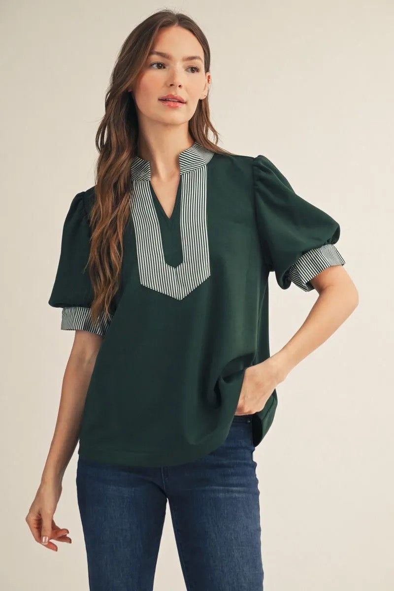 Contrast Stripe Top - Hunter Green