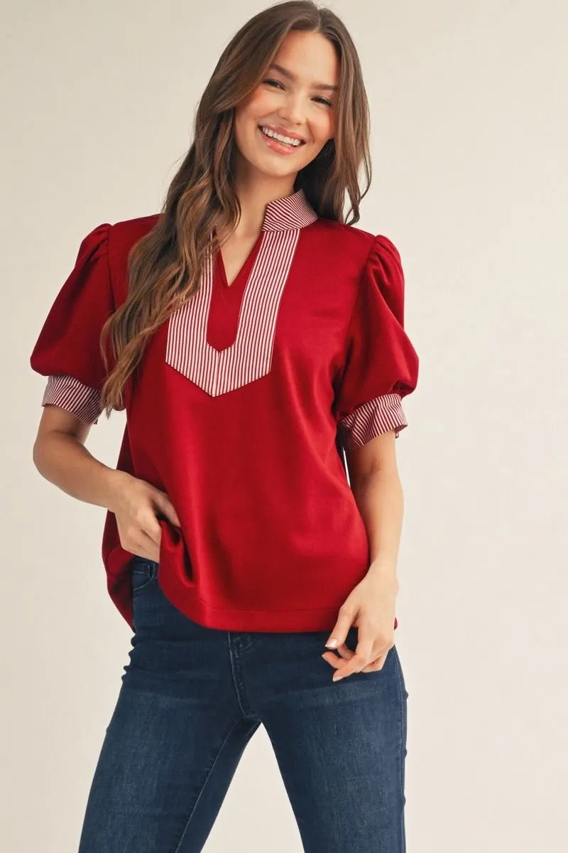 Contrast Stripe Top - Burgundy