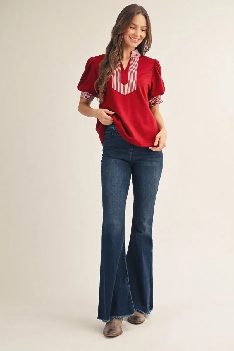 Contrast Stripe Top - Burgundy