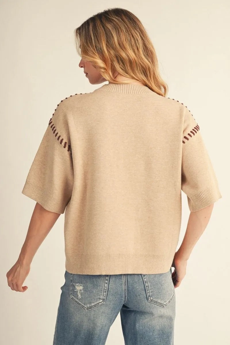Sweater with Shoulder Stitch Accent - Oatmeal