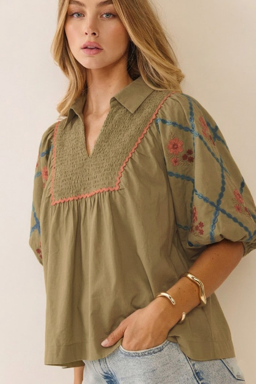 Olive Smocked Embroidered Puff Sleeve Top