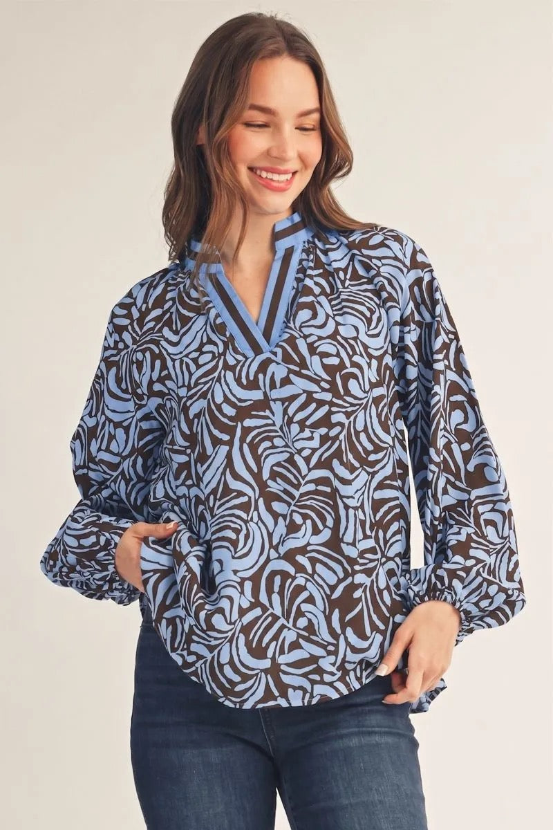Brown & Blue V Neck Top