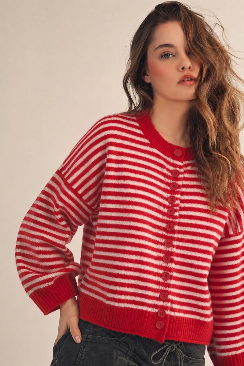 Red Striped Sweater Cardigan with Red Buttons