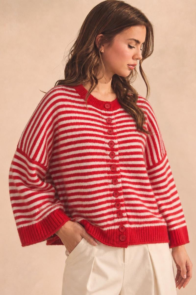 Red Striped Sweater Cardigan with Red Buttons