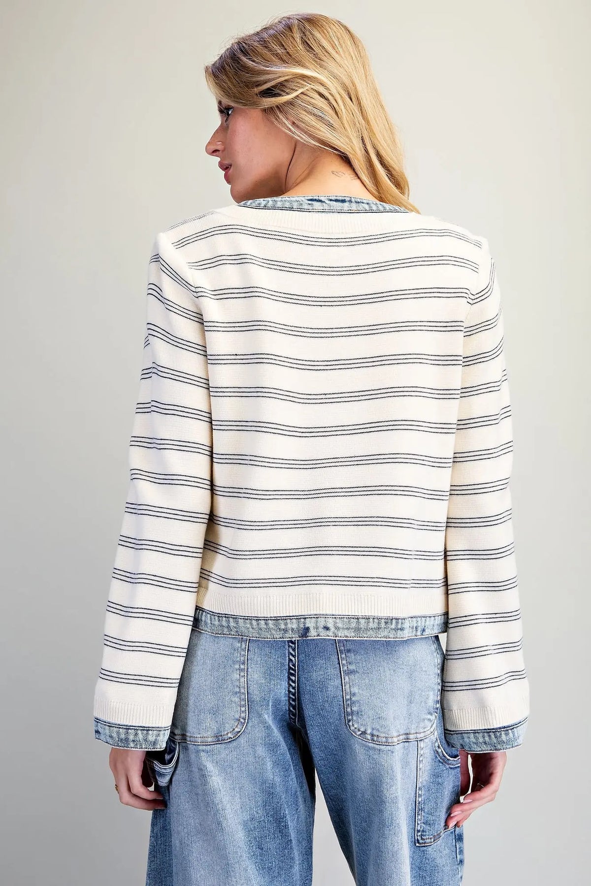 Denim Trim Striped Knit Zip Up Jacket - Off White
